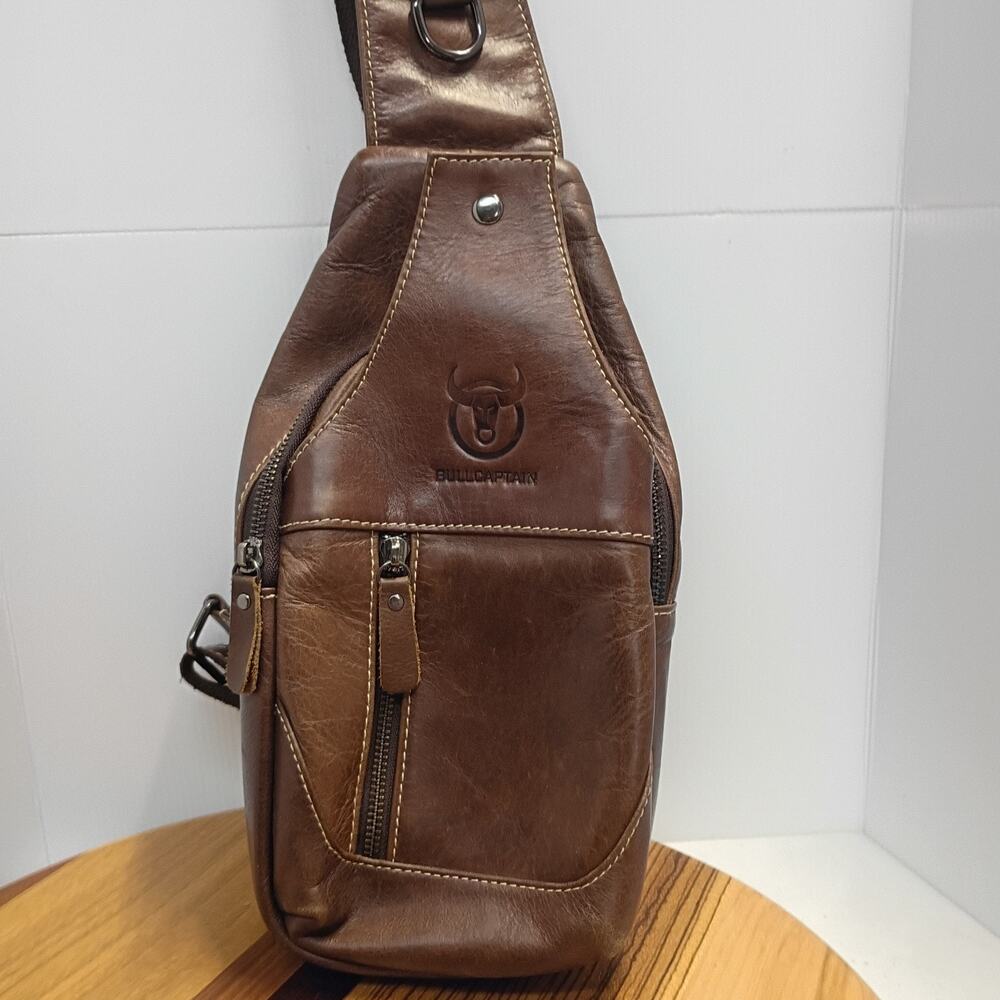 BULLCAPTAIN Men Sling Chest Bag Genuine Leather Casual Multipurpose Crossbody